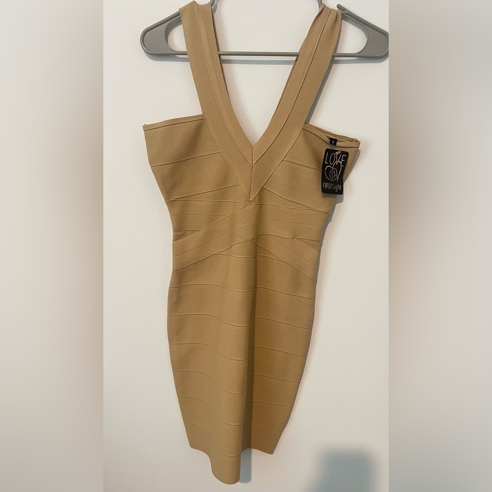Tan Ribbed Sleeveless V-neck Mini Dress